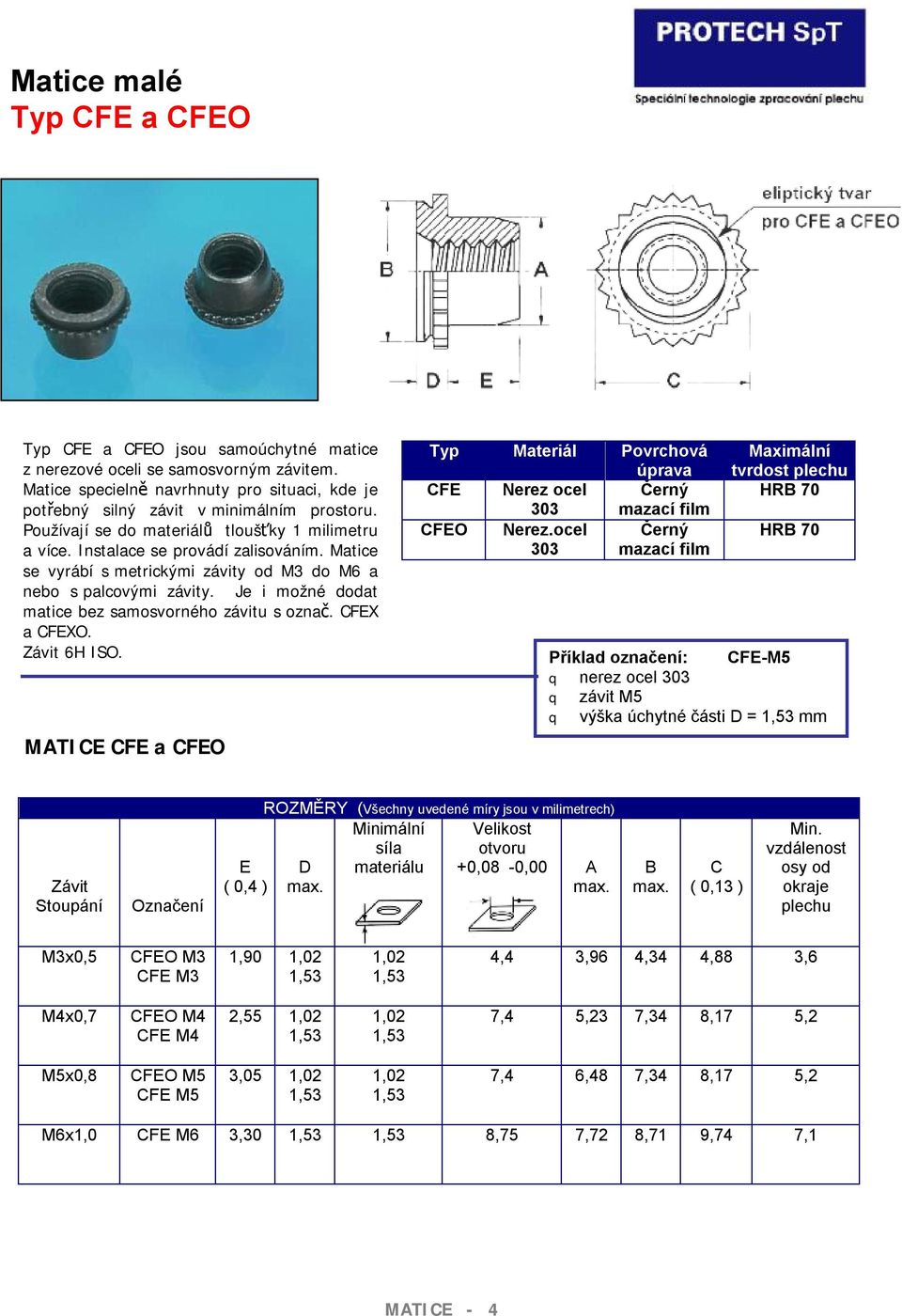 Je i možné dodat matice bez samosvorného závitu s označ. CFEX a CFEXO. 6H ISO. MATICE CFE a CFEO Typ Materiál Povrchová úprava CFE Nerez ocel Černý 303 mazací film CFEO Nerez.
