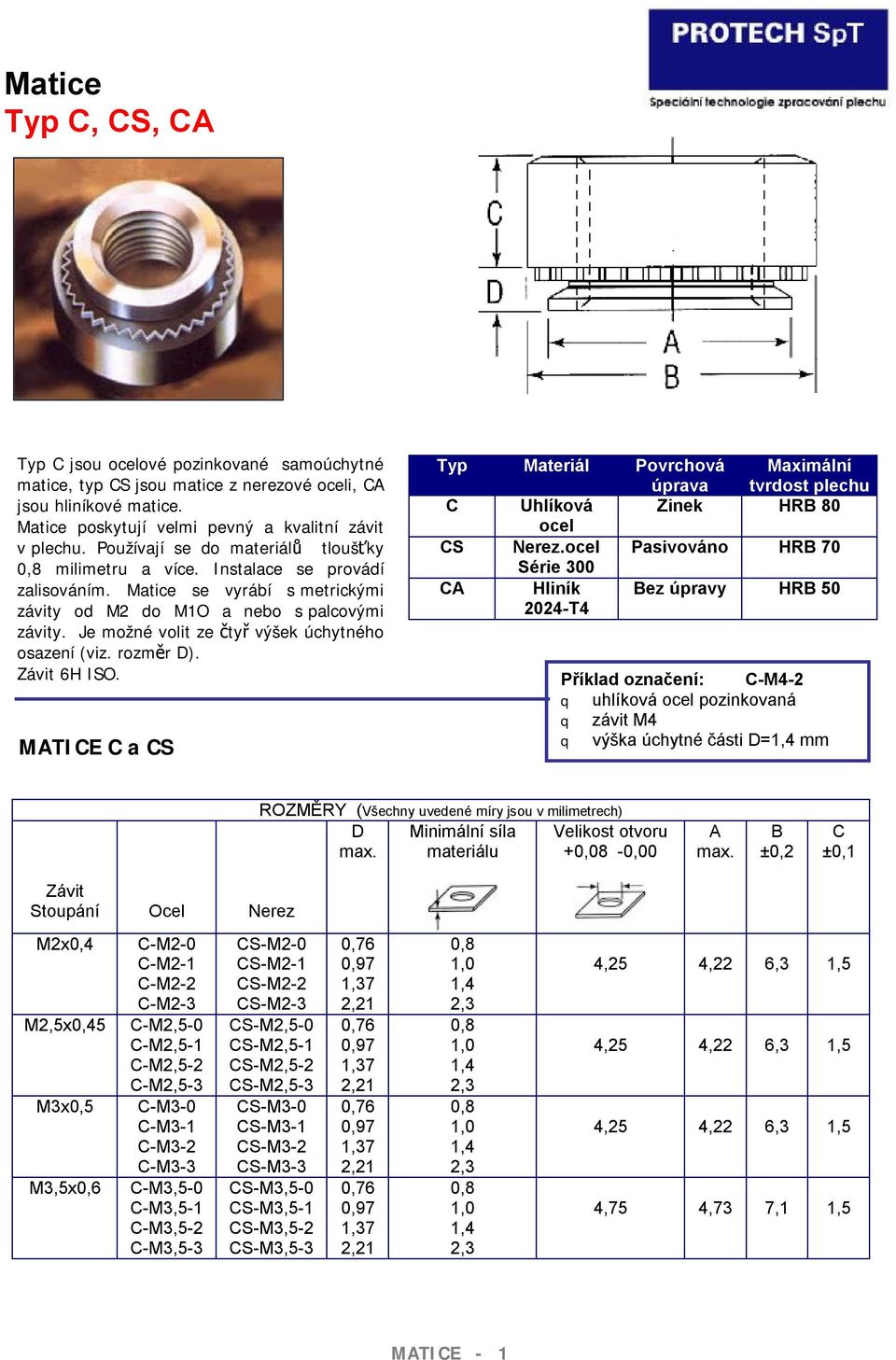 Je možné volit ze čtyř výšek úchytného osazení (viz. rozměr D). 6H ISO. MATICE C a CS Typ Materiál Povrchová úprava Maximální tvrdost plechu C Uhlíková Zinek HRB 80 ocel CS Nerez.