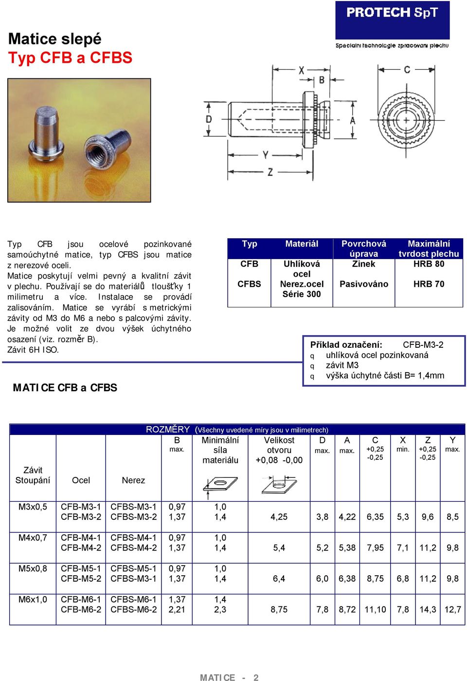 Je možné volit ze dvou výšek úchytného osazení (viz. rozměr B). 6H ISO. MATICE CFB a CFBS Typ Materiál Povrchová úprava Maximální tvrdost plechu CFB Uhlíková Zinek HRB 80 ocel CFBS Nerez.