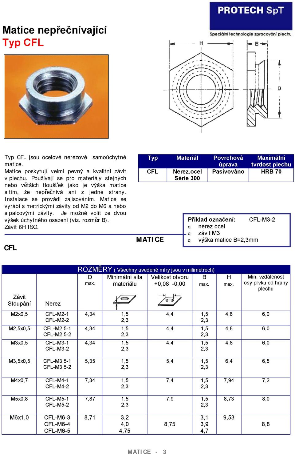 Matice se vyrábí s metrickými závity od M2 do M6 a nebo s palcovými závity. Je možné volit ze dvou výšek úchytného osazení (viz. rozměr B). 6H ISO.