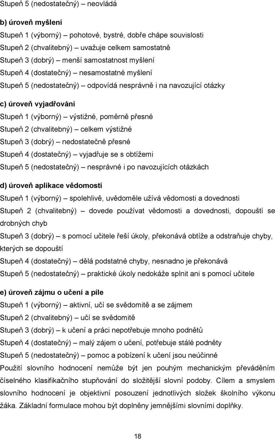 (chvalitebný) celkem výstižné Stupeň 3 (dobrý) nedostatečně přesné Stupeň 4 (dostatečný) vyjadřuje se s obtížemi Stupeň 5 (nedostatečný) nesprávné i po navozujících otázkách d) úroveň aplikace