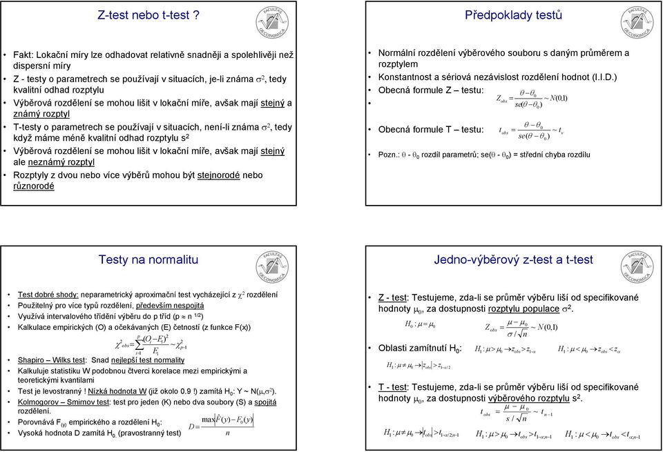 se mohou lšt v lokačí míře, avšak mají stejý a zámý rozptyl T-testy o parametrech se používají v stuacích, eí-l záma, tedy když máme méě kvaltí odhad rozptylu s Výběrová rozděleí se mohou lšt v