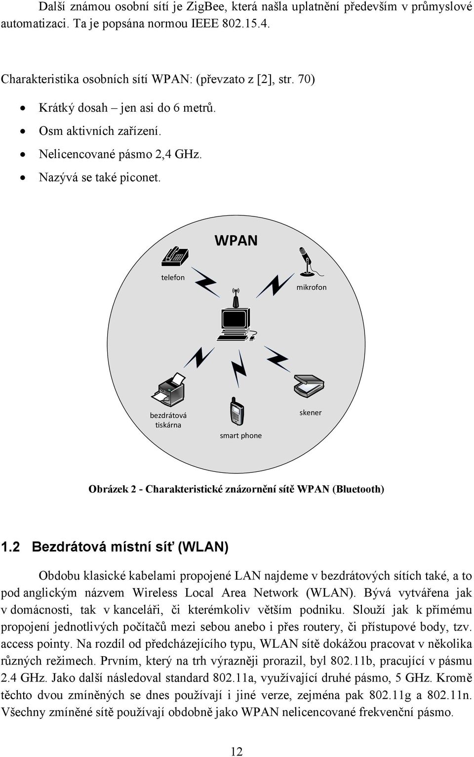 WPAN telefon mikrofon bezdrátová tiskárna smart phone skener Obrázek 2 - Charakteristické znázornění sítě WPAN (Bluetooth) 1.