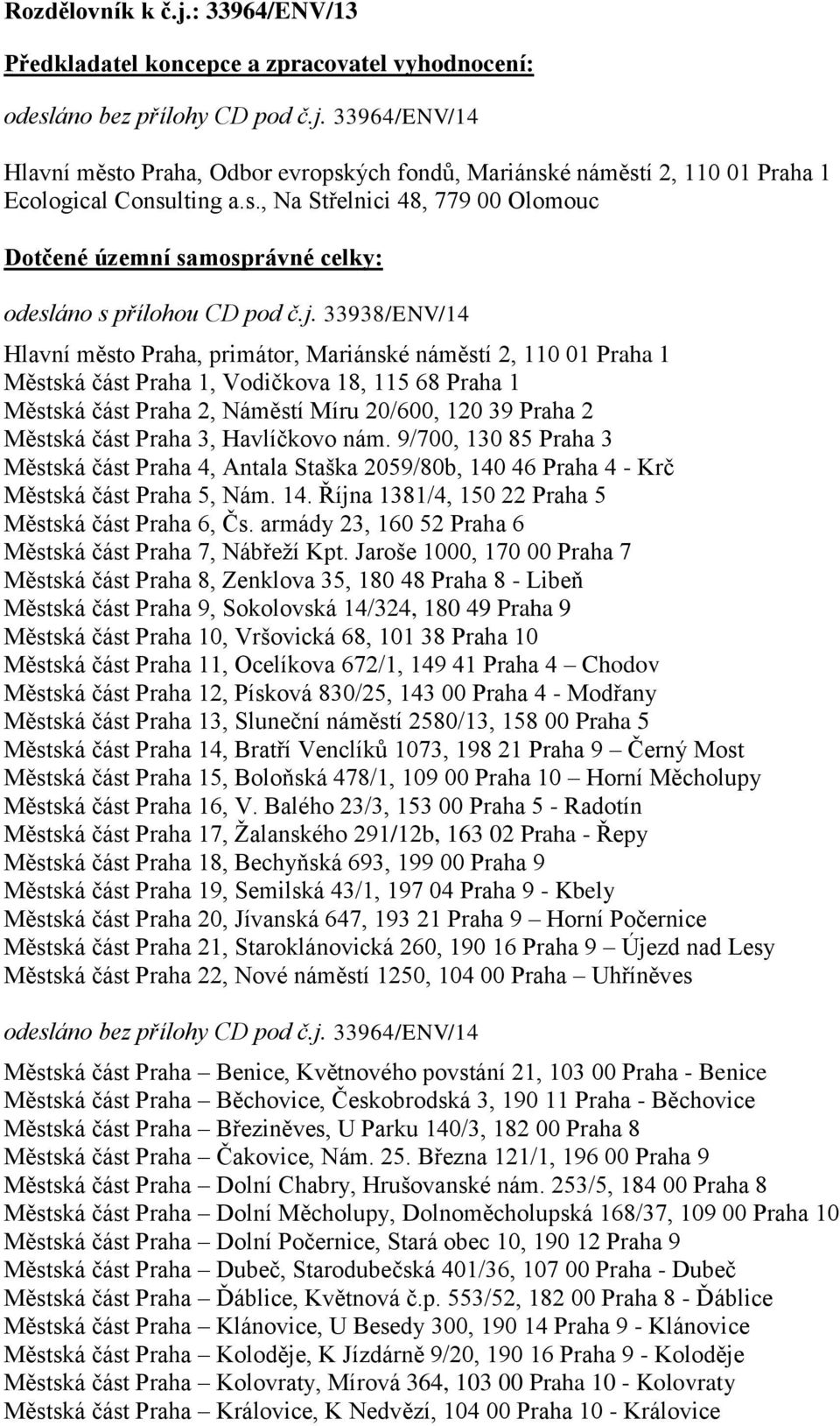 33938/ENV/14 Hlavní město Praha, primátor, Mariánské náměstí 2, 110 01 Praha 1 Městská část Praha 1, Vodičkova 18, 115 68 Praha 1 Městská část Praha 2, Náměstí Míru 20/600, 120 39 Praha 2 Městská