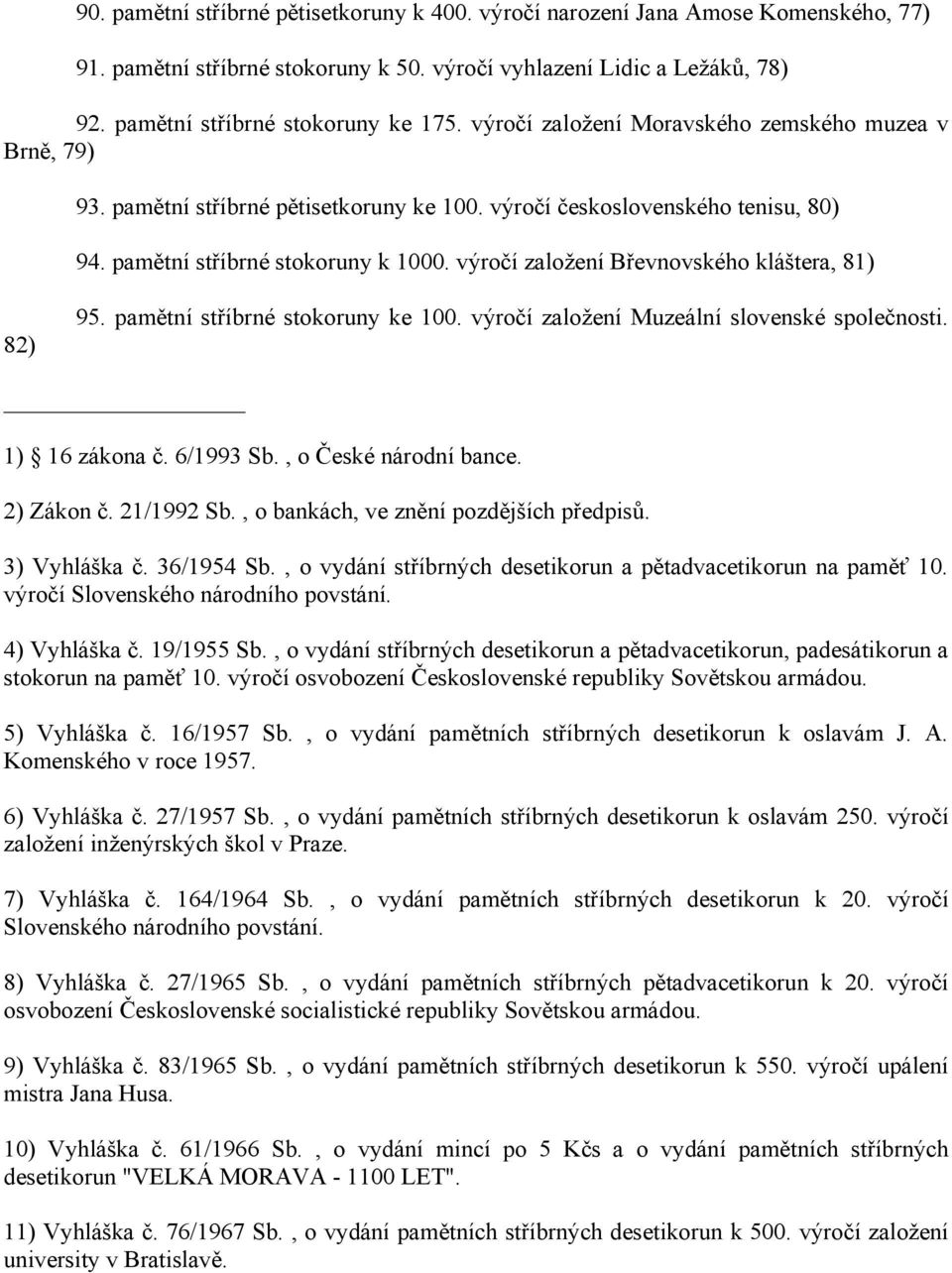 výročí založení Břevnovského kláštera, 81) 82) 95. pamětní stříbrné stokoruny ke 100. výročí založení Muzeální slovenské společnosti. 1) 16 zákona č. 6/1993 Sb., o České národní bance. 2) Zákon č.