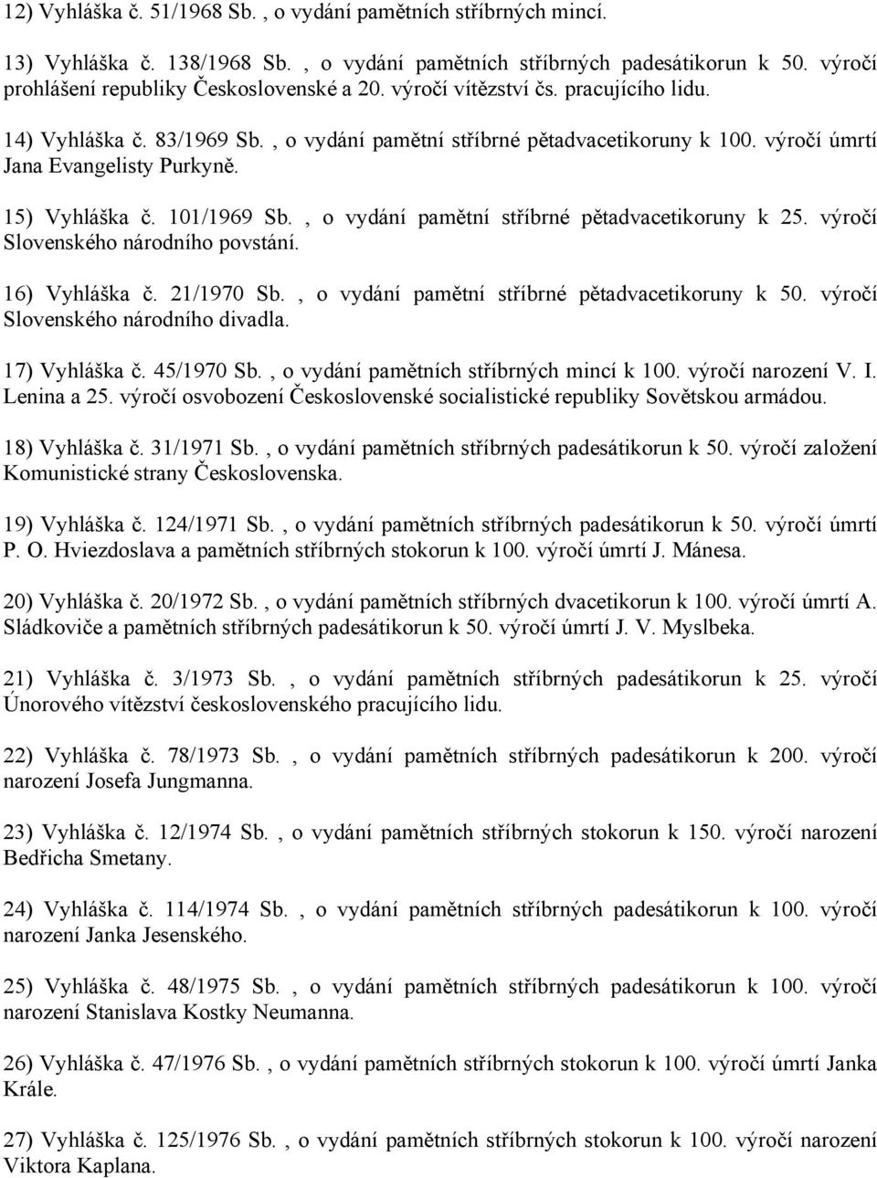 , o vydání pamětní stříbrné pětadvacetikoruny k 25. výročí Slovenského národního povstání. 16) Vyhláška č. 21/1970 Sb., o vydání pamětní stříbrné pětadvacetikoruny k 50.