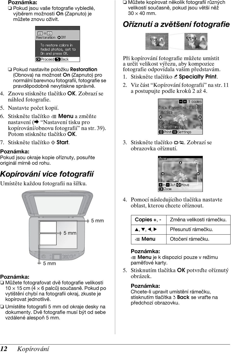 Znovu stiskněte tlačítko OK. Zobrazí se náhled fotografie. 5. Nastavte počet kopií. 6. Stiskněte tlačítko x Menu a změňte nastavení (& Nastavení tisku pro kopírování/obnovu fotografií na str. 39).