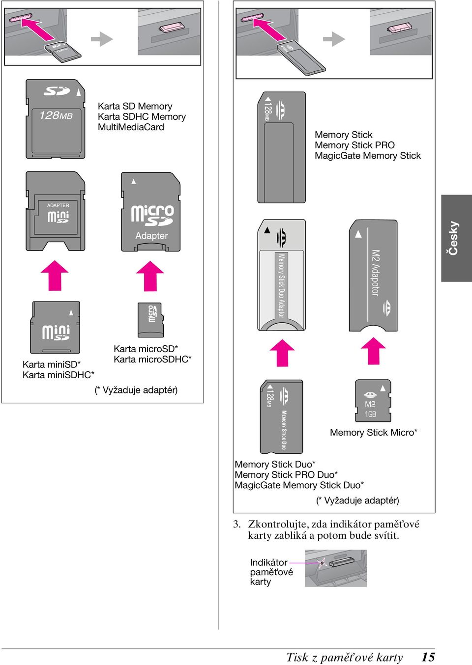 Micro* Memory Stick Duo* Memory Stick PRO Duo* MagicGate Memory Stick Duo* (* Vyžaduje adaptér) 3.