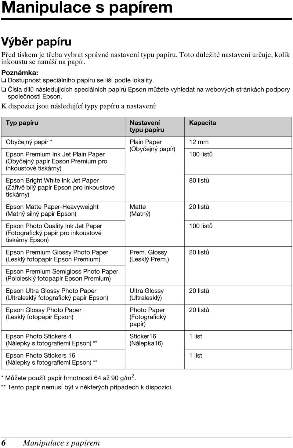 K dispozici jsou následující typy papíru a nastavení: Typ papíru Obyčejný papír * Epson Premium Ink Jet Plain Paper (Obyčejný papír Epson Premium pro inkoustové tiskárny) Epson Bright White Ink Jet