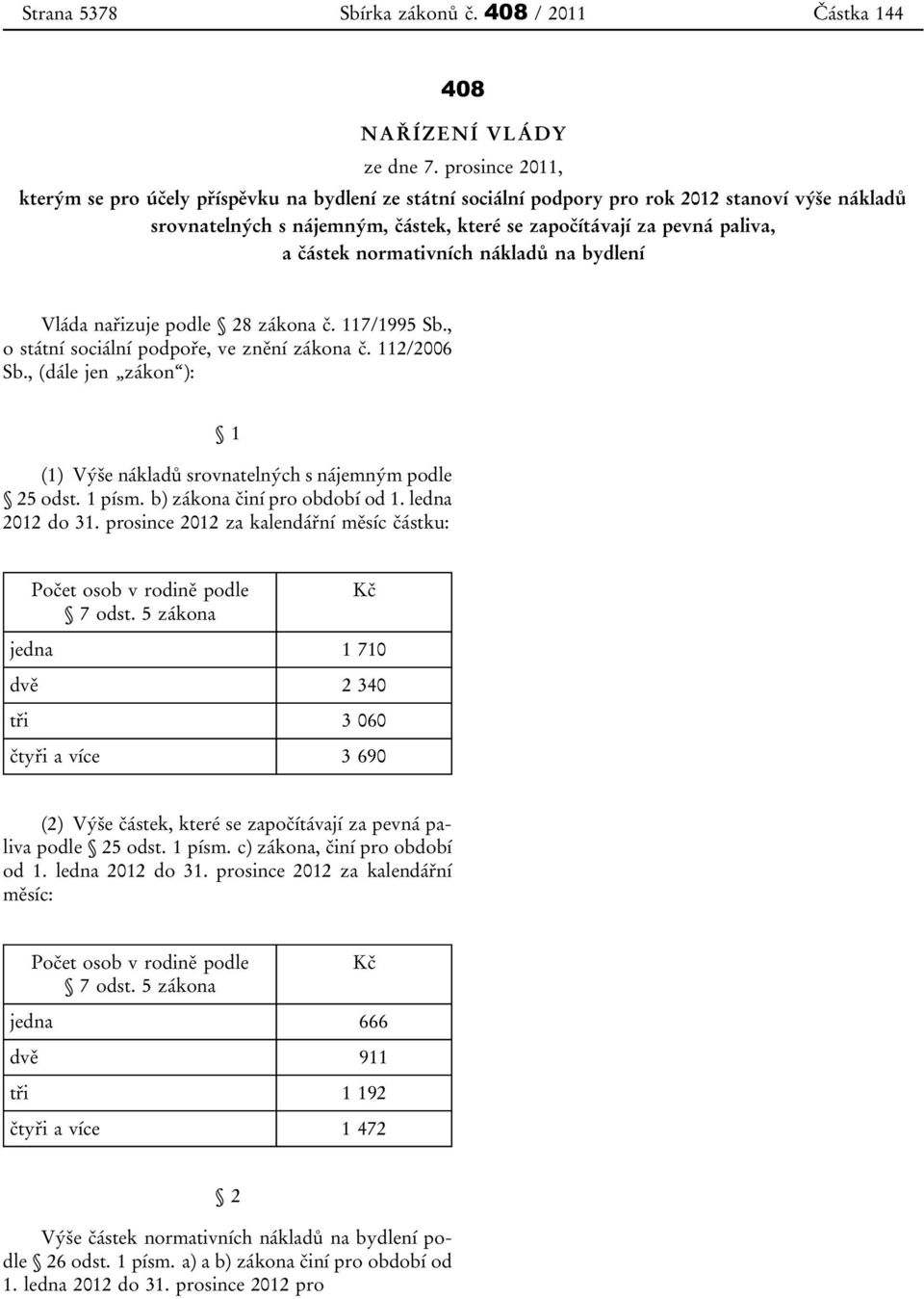 normativních nákladů na bydlení Vláda nařizuje podle 28 zákona č. 117/1995 Sb., o státní sociální podpoře, ve znění zákona č. 112/2006 Sb.