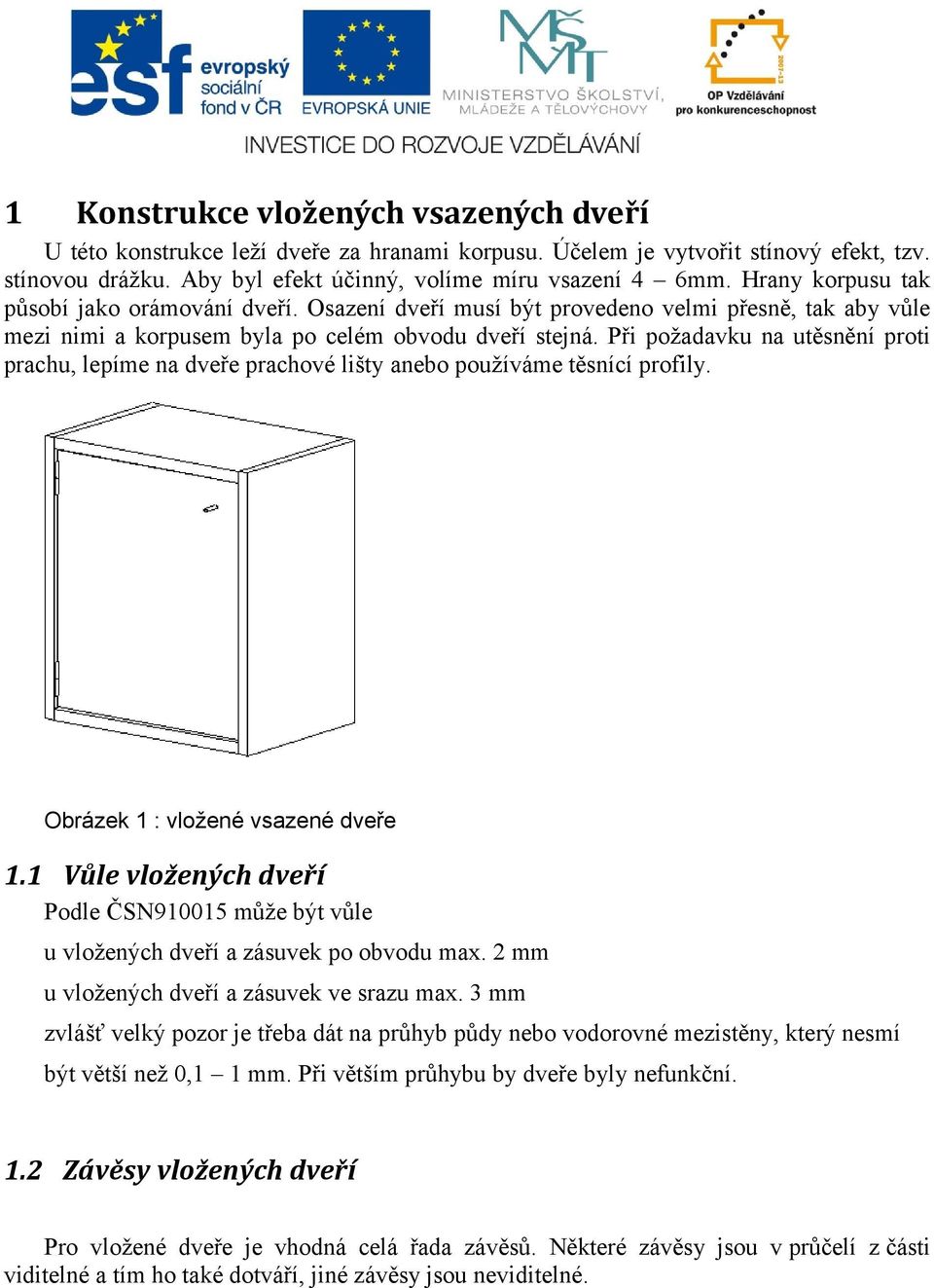 Při požadavku na utěsnění proti prachu, lepíme na dveře prachové lišty anebo používáme těsnící profily. Obrázek 1 : vložené vsazené dveře 1.