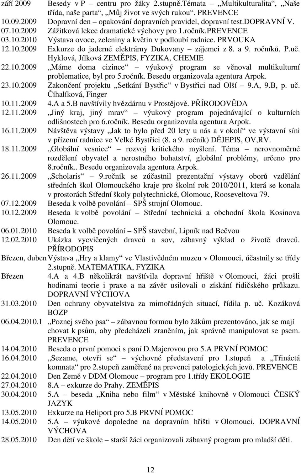 a 9. ročníků. P.uč. Hyklová, Jílková ZEMĚPIS, FYZIKA, CHEMIE 22.10.2009 Máme doma cizince výukový program se věnoval multikulturní problematice, byl pro 5.ročník. Besedu organizovala agentura Arpok.