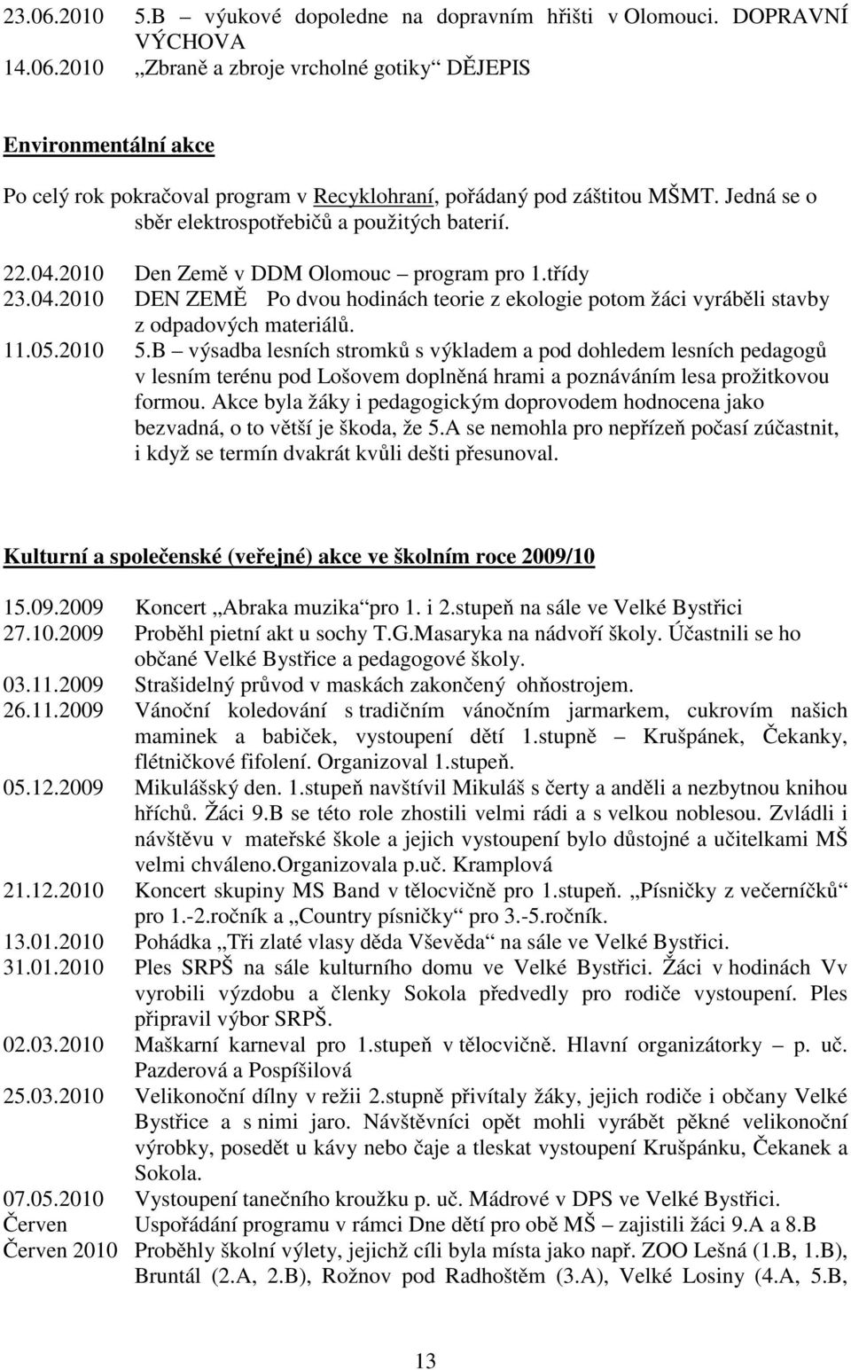 11.05.2010 5.B výsadba lesních stromků s výkladem a pod dohledem lesních pedagogů v lesním terénu pod Lošovem doplněná hrami a poznáváním lesa prožitkovou formou.