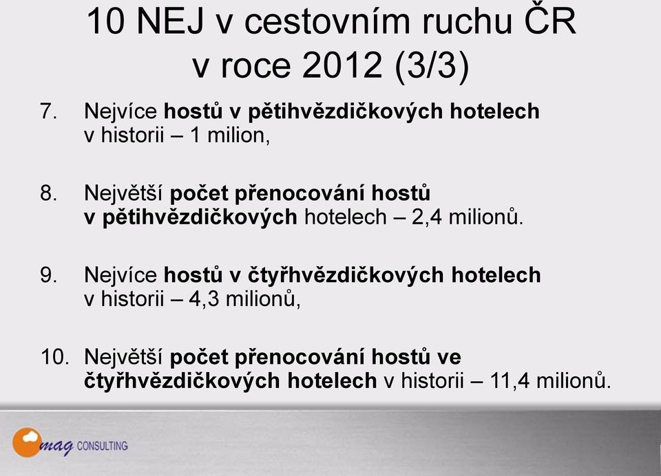 Největší počet přenocování hostů v pětihvězdičkových hotelech 2,4 milionů. 9.