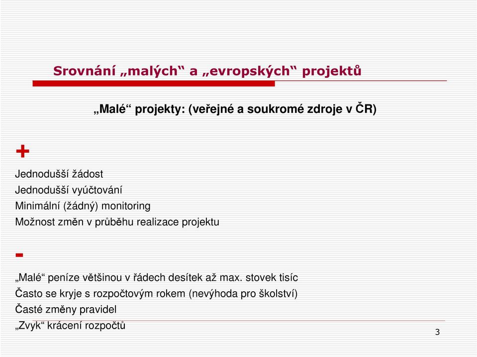 průběhu realizace projektu - Malé peníze většinou v řádech desítek až max.