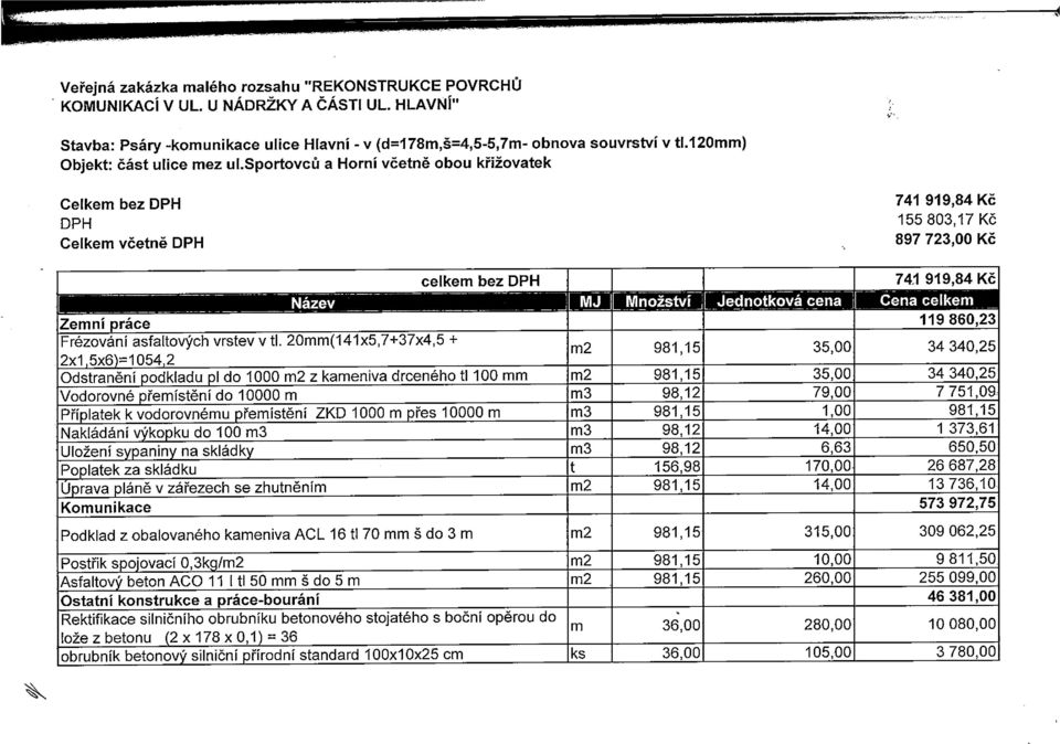 sportovců a Horní včetně obou křižovatek Celkem bez DPH DPH Celkem včetně DPH 741 919,84 Kč 155803,17Kč 897 723,00 Kč celkem bez DPH 741 919,84 Kč ~ fl k I[T~~~ 1S ei~ri ~fl TI.