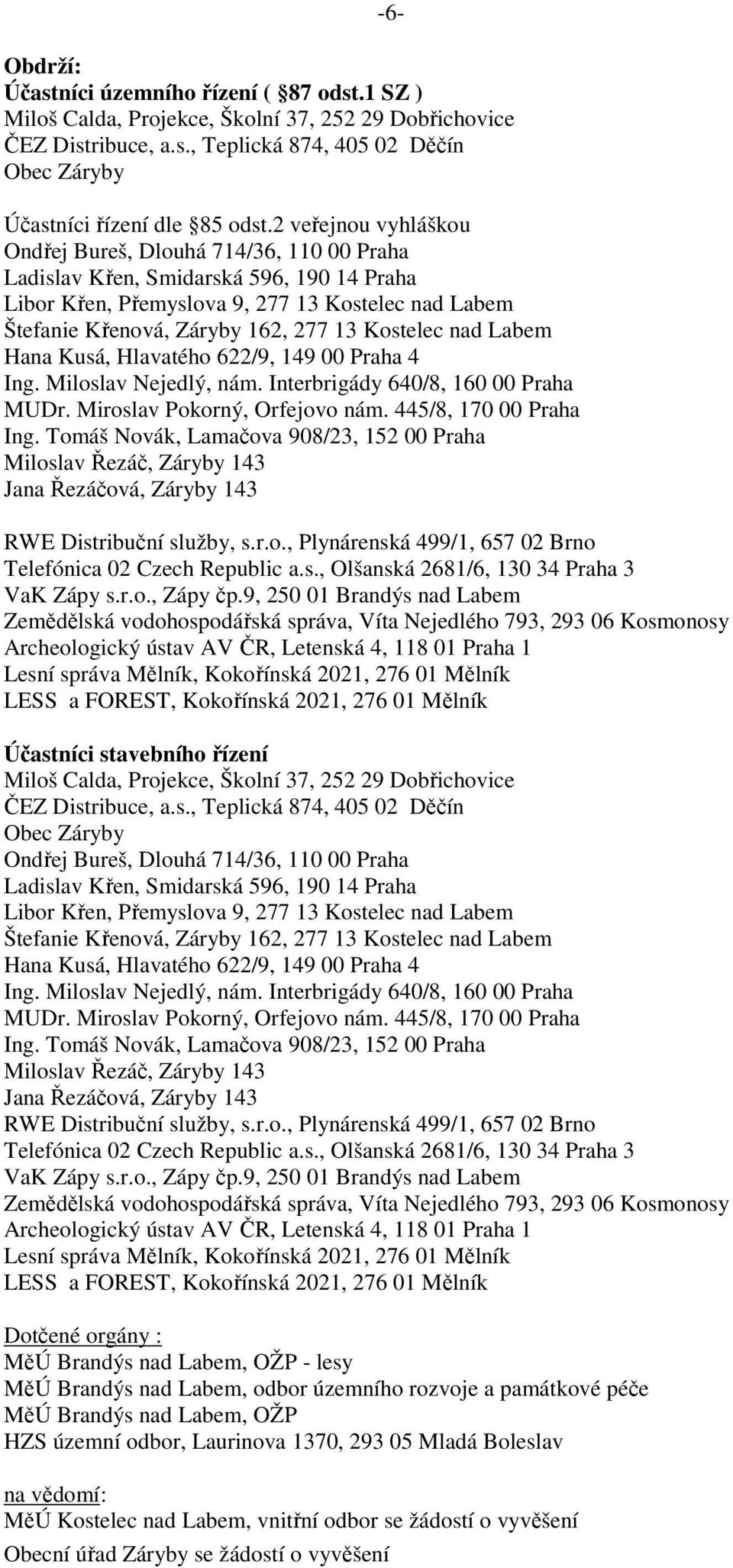 Kostelec nad Labem Hana Kusá, Hlavatého 622/9, 149 00 Praha 4 Ing. Miloslav Nejedlý, nám. Interbrigády 640/8, 160 00 Praha MUDr. Miroslav Pokorný, Orfejovo nám. 445/8, 170 00 Praha Ing.