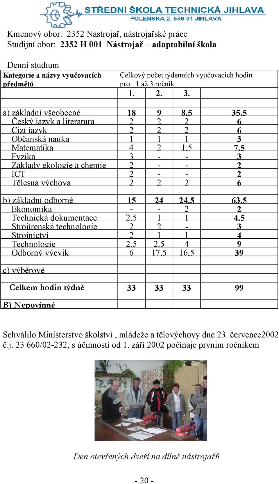 Povinné a) základní všeobecné 18 9 8,5 35,5 Český jazyk a literatura 2 2 2 6 Cizí jazyk 2 2 2 6 Občanská nauka 1 1 1 3 Matematika 4 2 1,5 7,5 Fyzika 3 - - 3 Základy ekologie a chemie 2 - - 2 ICT 2 -