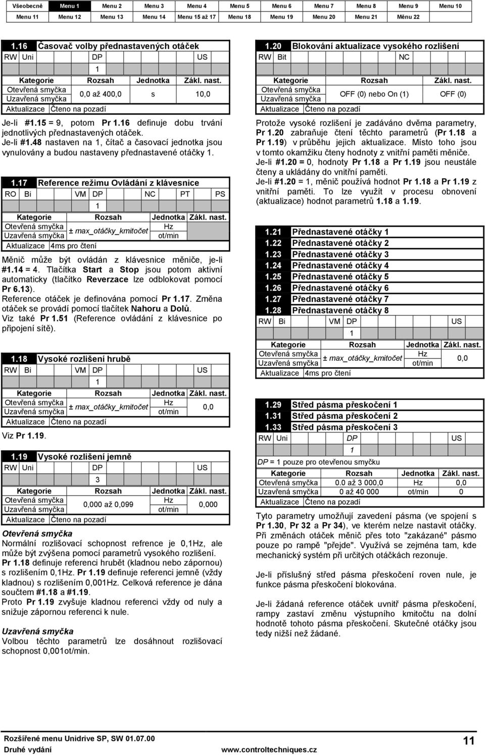 Tlačítka Start a Stop jsou potom aktivní automaticky (tlačítko Reverzace lze odblokovat pomocí Pr 6.3). Reference otáček je definována pomocí Pr.7.