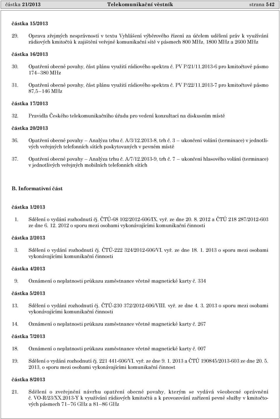 èástka 16/2013 30. Opatøení obecné povahy, èást plánu využití rádiového spektra è. PV P/21/11.2013-6 pro kmitoètové pásmo 174 380 MHz 31.
