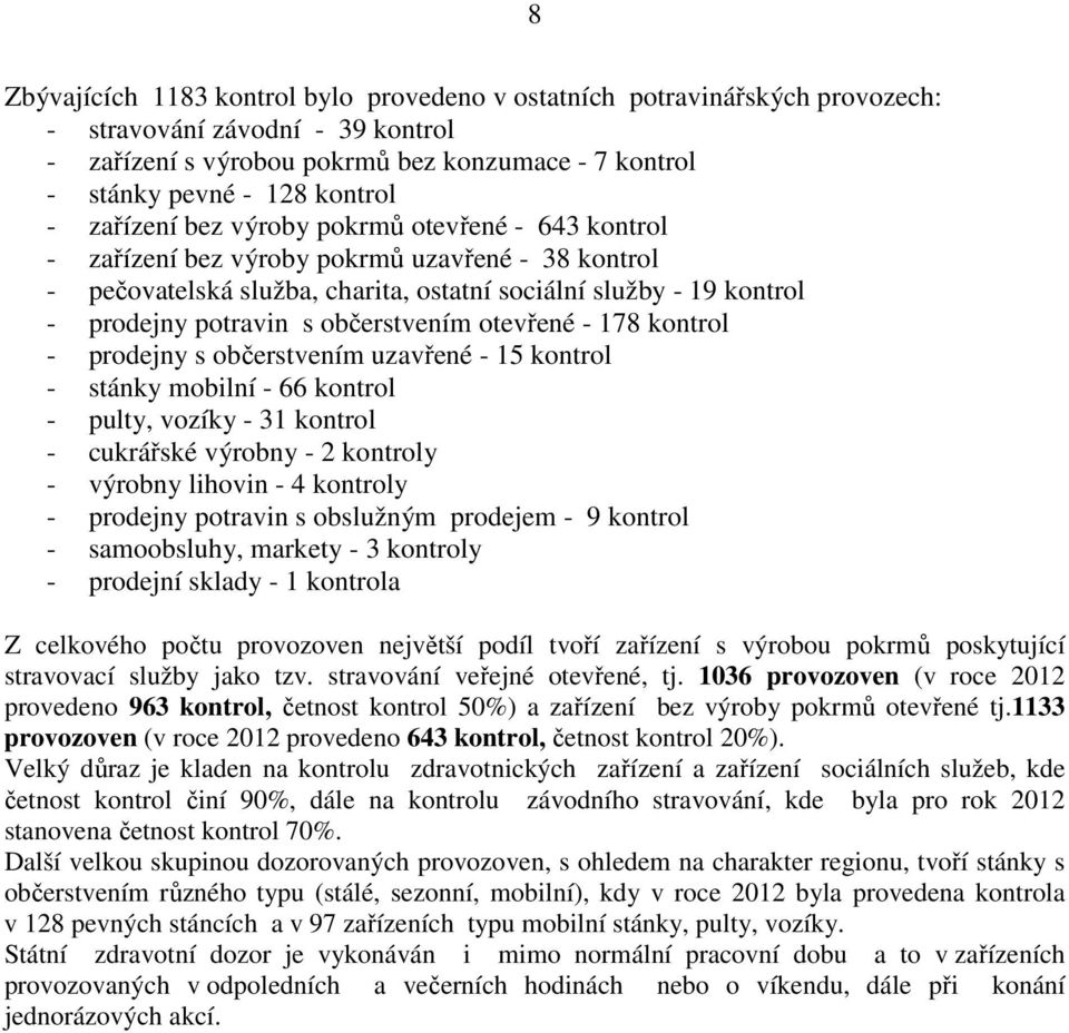 občerstvením otevřené - 178 kontrol - prodejny s občerstvením uzavřené - 15 kontrol - stánky mobilní - 66 kontrol - pulty, vozíky - 31 kontrol - cukrářské výrobny - 2 kontroly - výrobny lihovin - 4