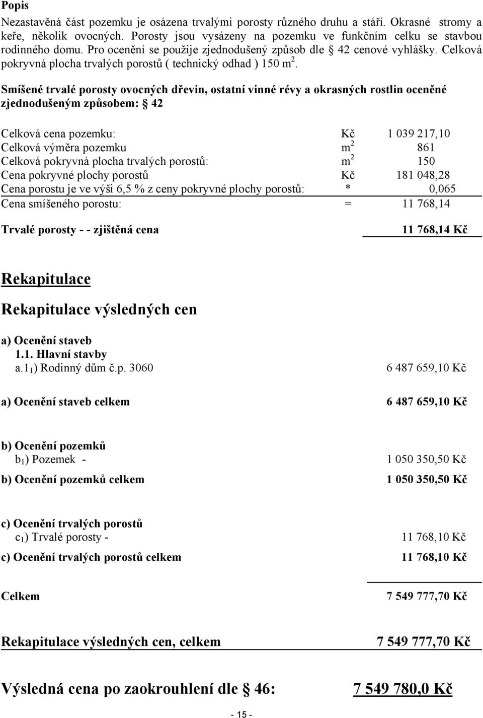 míšené trvalé porosty ovocných dřevin, ostatní vinné révy a okrasných rostlin oceněné zjednodušeným způsobem: 42 Celková cena pozemku: Celková výměra pozemku Celková pokryvná plocha trvalých porostů: