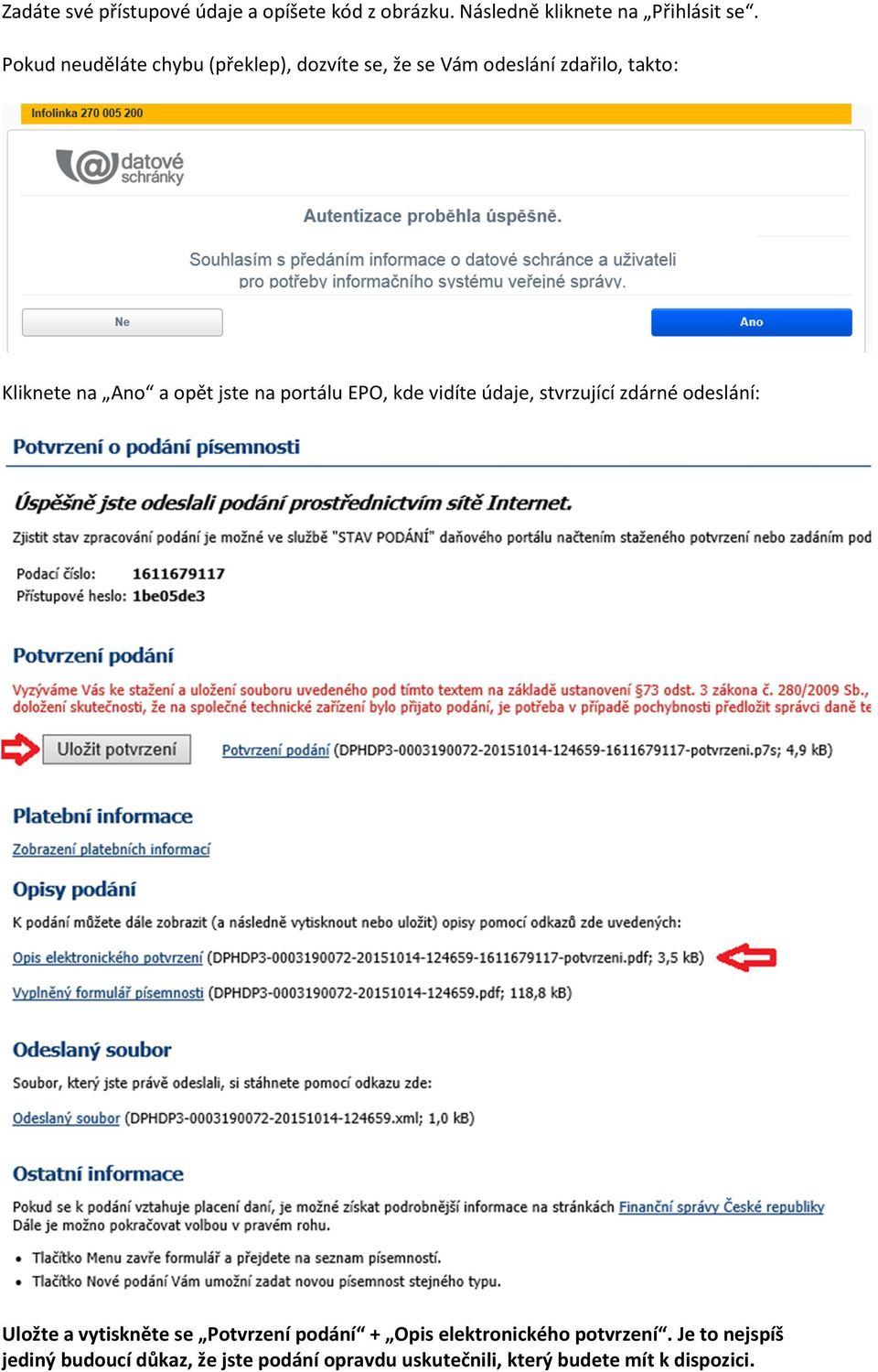 na portálu EPO, kde vidíte údaje, stvrzující zdárné odeslání: Uložte a vytiskněte se Potvrzení podání +