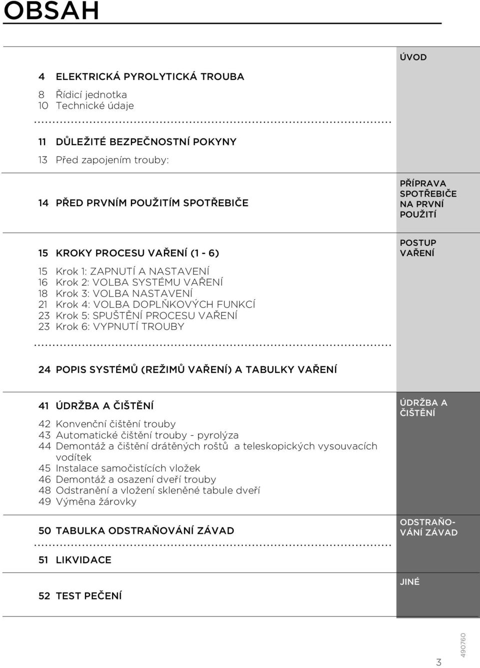 VAŘENÍ 23 Krok 6: VYPNUTÍ TROUBY POSTUP VAŘENÍ 24 POPIS SYSTÉMŮ (REŽIMŮ VAŘENÍ) A TABULKY VAŘENÍ 41 ÚDRŽBA A ČIŠTĚNÍ 42 Konvenční čištění trouby 43 Automatické čištění trouby - pyrolýza 44 Demontáž a