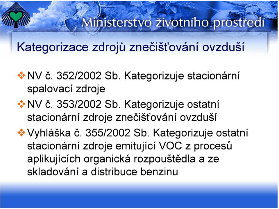 Kategorizuje ostatní stacionární zdroje znečišťování ovzduší Vyhláška č. 355/2002 Sb.