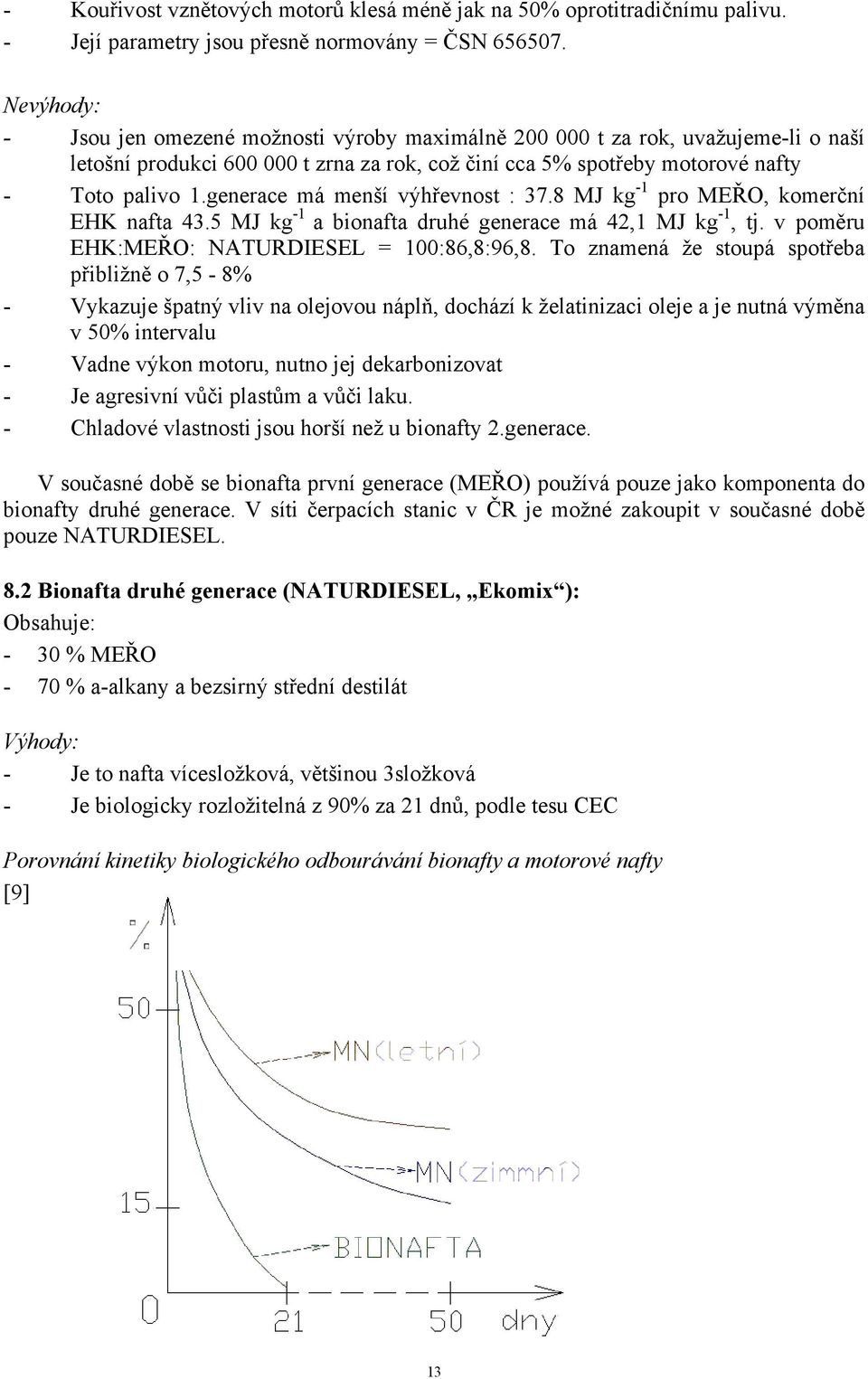 generace má menší výhřevnost : 37.8 MJ kg -1 pro MEŘO, komerční EHK nafta 43.5 MJ kg -1 a bionafta druhé generace má 42,1 MJ kg -1, tj. v poměru EHK:MEŘO: NATURDIESEL = 100:86,8:96,8.