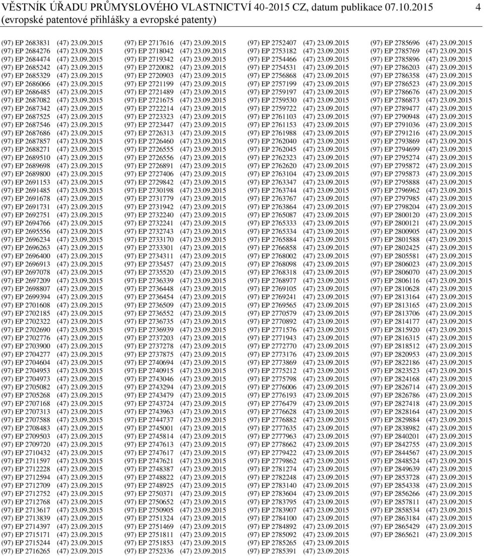 09.2015 (97) EP 2687546 (47) 23.09.2015 (97) EP 2687686 (47) 23.09.2015 (97) EP 2687857 (47) 23.09.2015 (97) EP 2688271 (47) 23.09.2015 (97) EP 2689510 (47) 23.09.2015 (97) EP 2689698 (47) 23.09.2015 (97) EP 2689800 (47) 23.