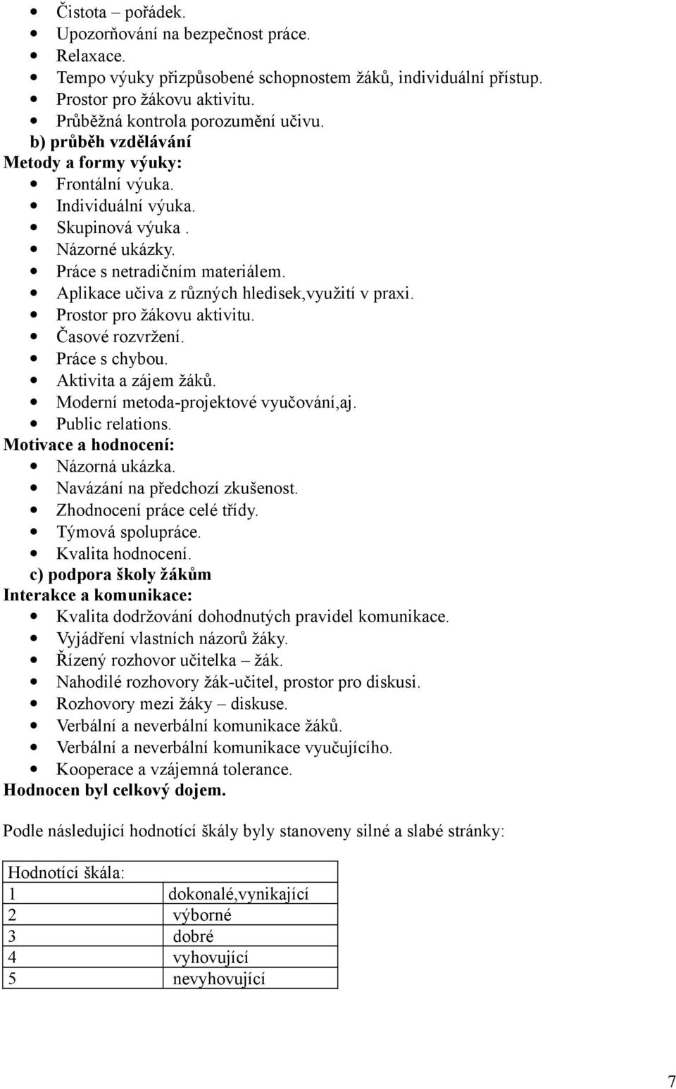 Prostor pro žákovu aktivitu. Časové rozvržení. Práce s chybou. Aktivita a zájem žáků. Moderní metoda-projektové vyučování,aj. Public relations. Motivace a hodnocení: Názorná ukázka.