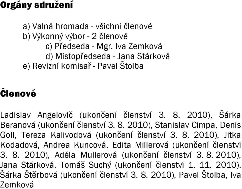 2010), Šárka Beranová (ukončení členství 3. 8. 2010), Stanislav Cimpa, Denis Goll, Tereza Kalivodová (ukončení členství 3. 8. 2010), Jitka Kodadová, Andrea Kuncová, Edita Millerová (ukončení členství 3.