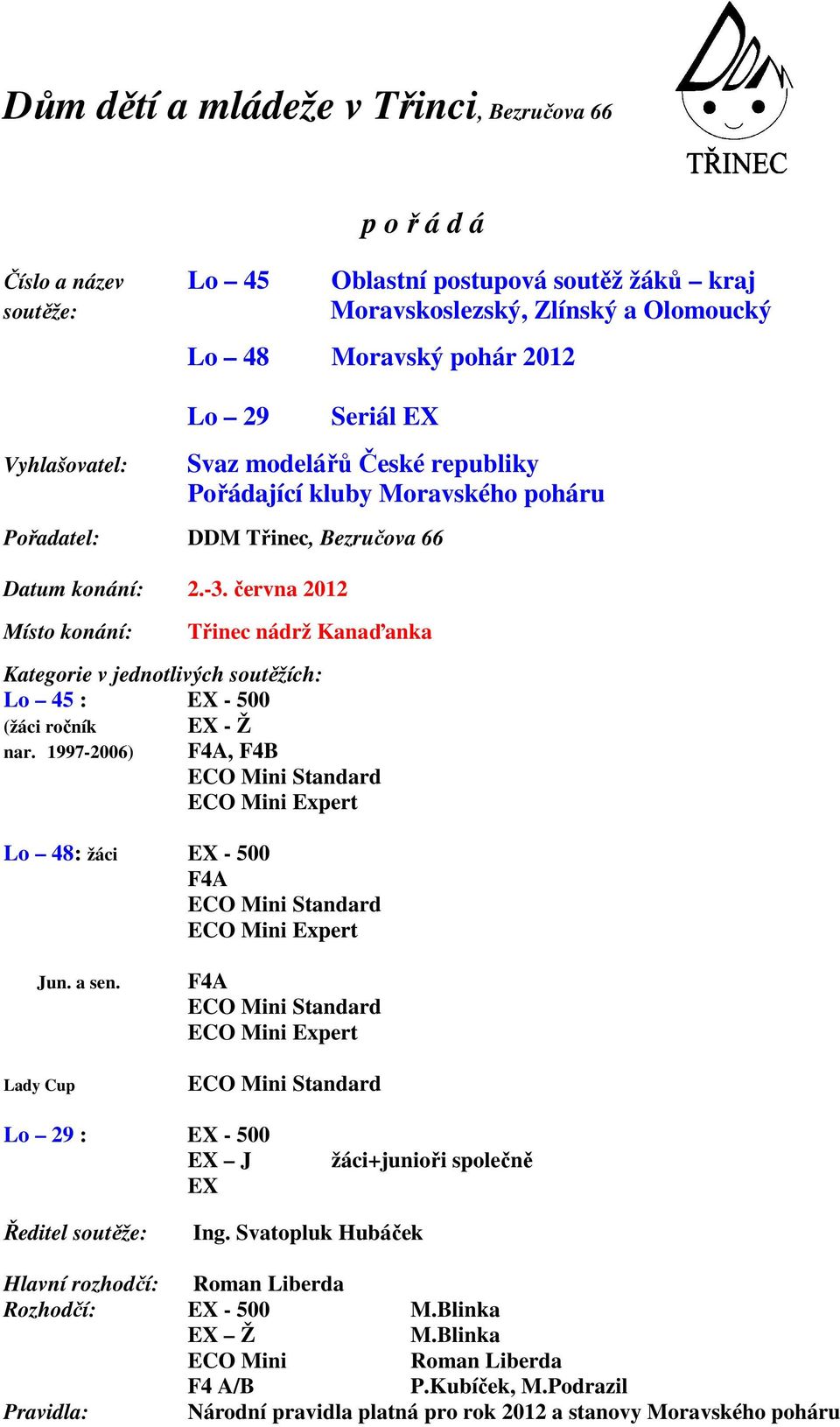 června 2012 Místo konání: Třinec nádrž Kanaďanka Kategorie v jednotlivých soutěžích: Lo 45 : EX - 500 (žáci ročník EX - Ž nar. 1997-2006) F4A, F4B Lo 48: žáci EX - 500 F4A Jun. a sen.