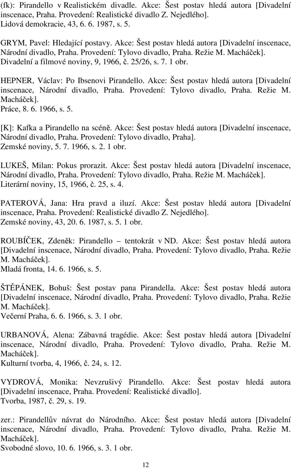 Divadelní a filmové noviny, 9, 1966, č. 25/26, s. 7. 1 obr. HEPNER, Václav: Po Ibsenovi Pirandello. Akce: Šest postav hledá autora [Divadelní inscenace, Národní divadlo, Praha.