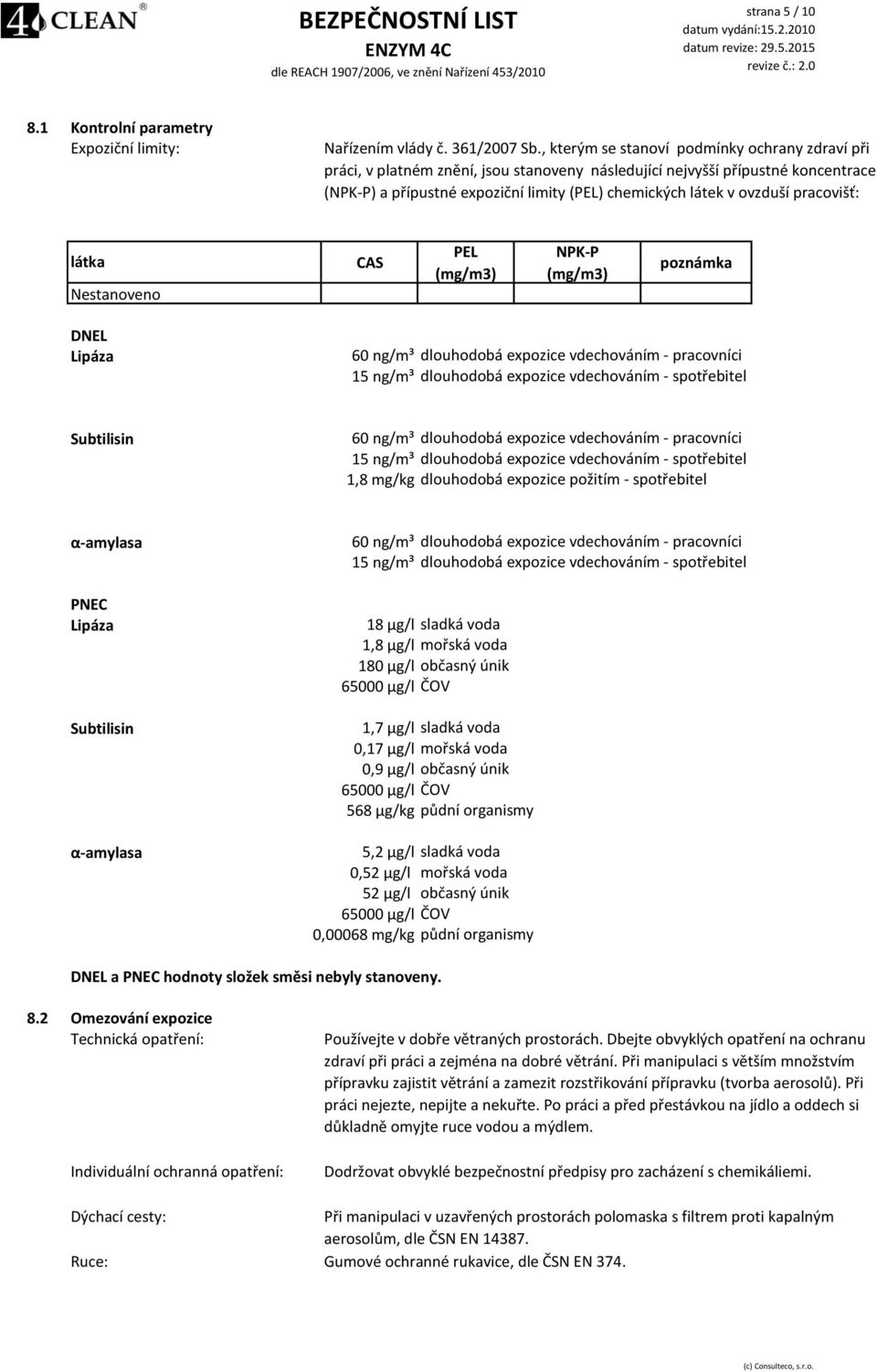 pracovišť: látka Nestanoveno CAS PEL (mg/m3) NPKP (mg/m3) poznámka DNEL Lipáza 60 ng/m³ 15 ng/m³ dlouhodobá expozice vdechováním pracovníci dlouhodobá expozice vdechováním spotřebitel Subtilisin 60