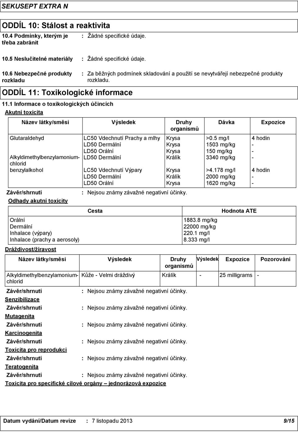 Název látky/směsi Výsledek Druhy organismů Dávka Odhady akutní toxicity Orální Dermální Inhalace (výpary) Inhalace (prachy a aerosoly) Dráždivost/žíravost Glutaraldehyd LC50 Vdechnutí Prachy a mlhy