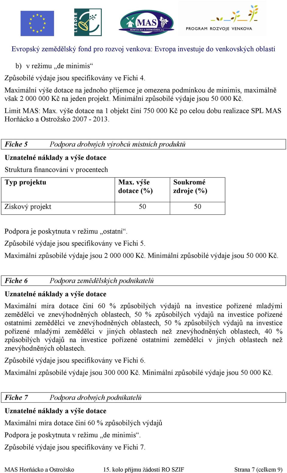 Fiche 5 Podpora drobných výrobců místních produktů Struktura financování v procentech Typ projektu Max.