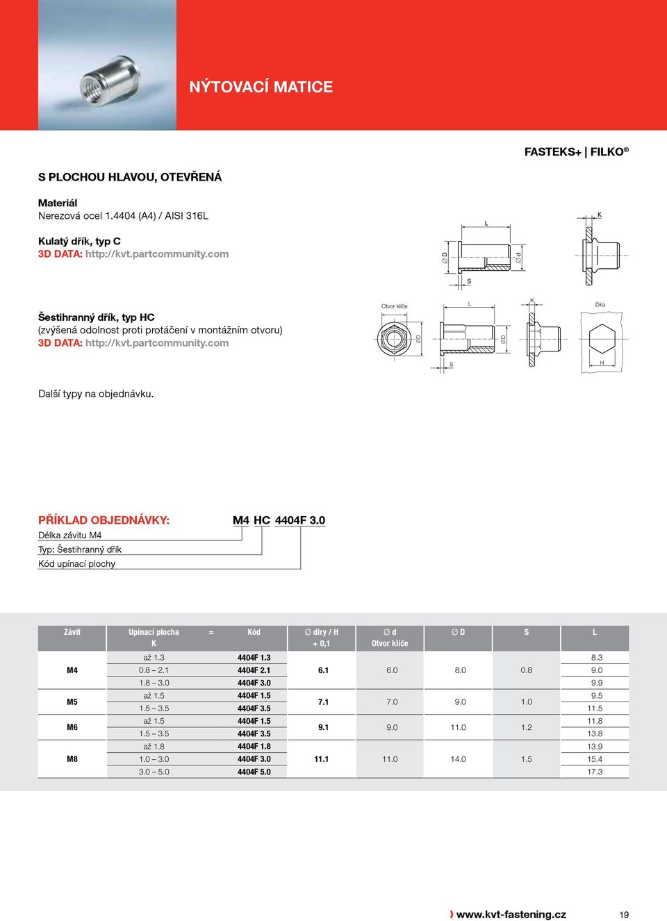 OBJEDNÁVY: M4 HC 4404F 3.0 Délka závitu M4 Typ: Šestihranný dřík ód upínací plochy Závit M4 M6 M8 Upínací plocha = ód Ø díry / H Ø d Otvor klíče Ø D až 1.3 4404F 1.3 8.3 0.