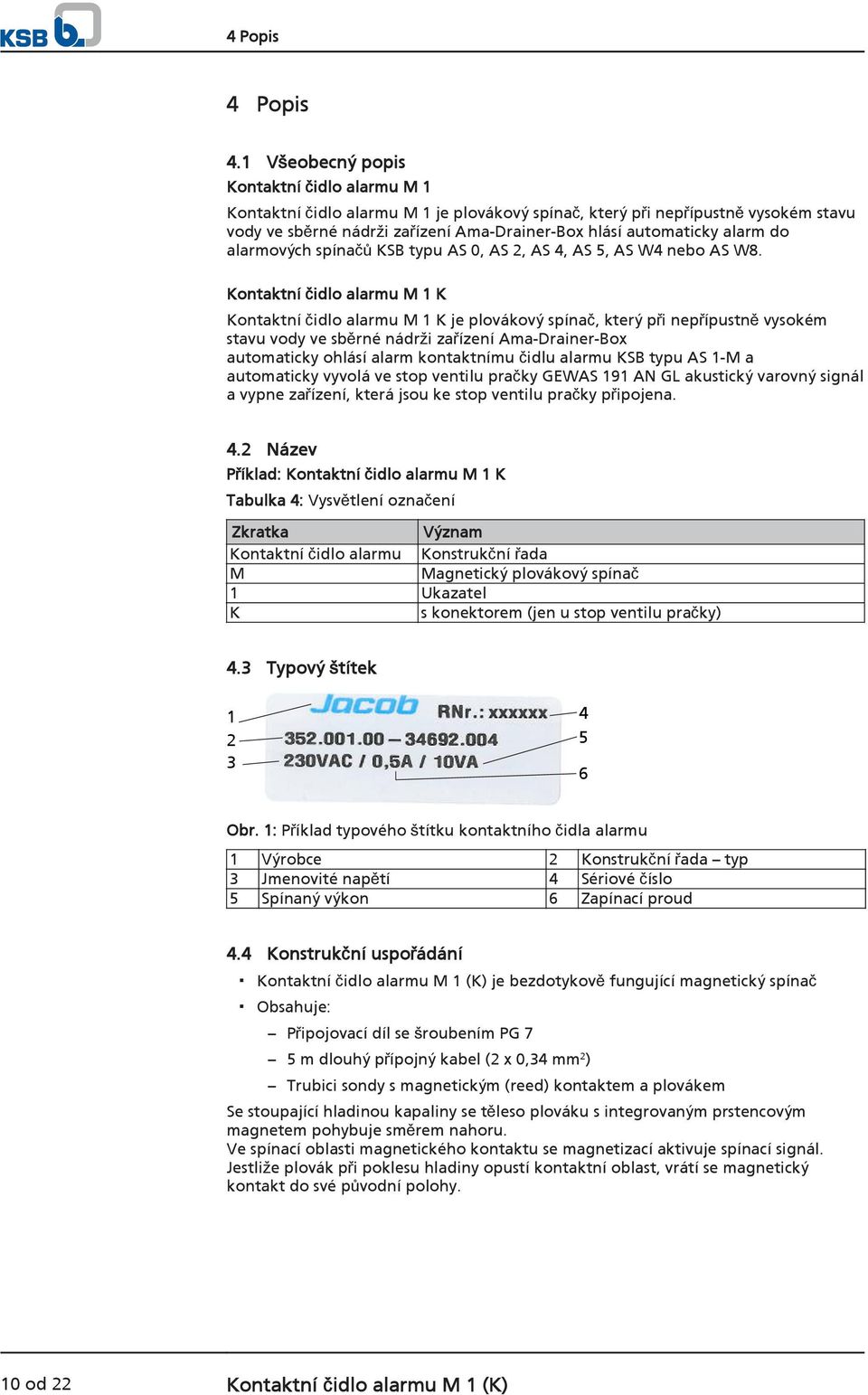 do alarmových spínačů KSB typu AS 0, AS 2, AS 4, AS 5, AS W4 nebo AS W8.