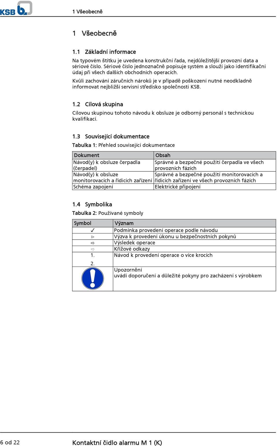 Kvůli zachování záručních nároků je v případě poškození nutné neodkladně informovat nejbližší servisní středisko společnosti KSB. 1.