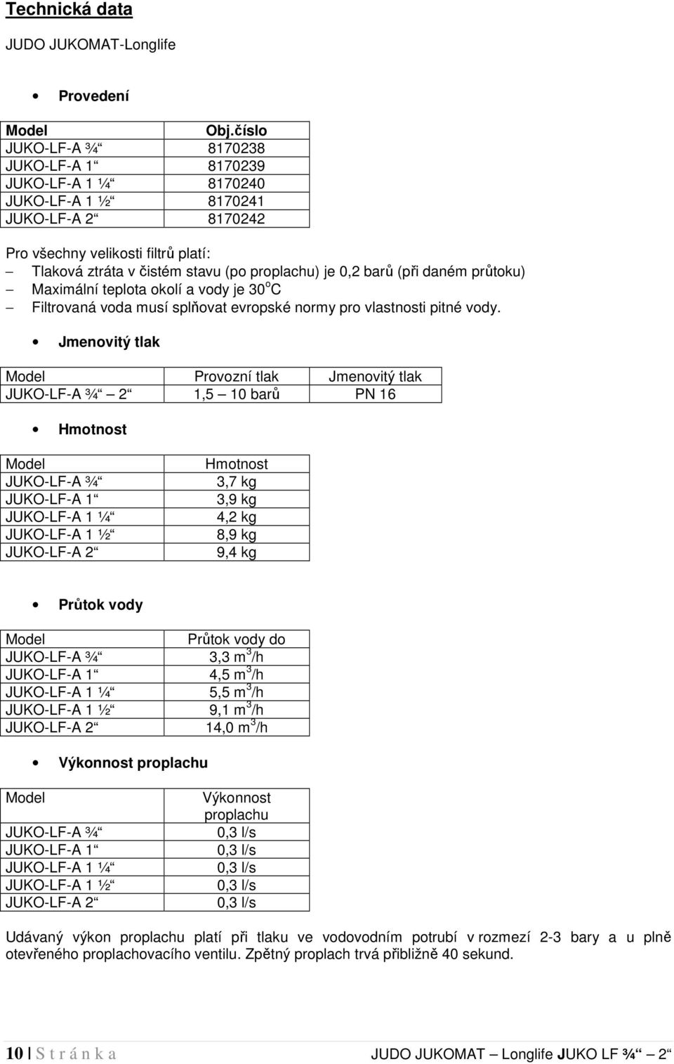 barů (při daném průtoku) Maximální teplota okolí a vody je 30 o C Filtrovaná voda musí splňovat evropské normy pro vlastnosti pitné vody.