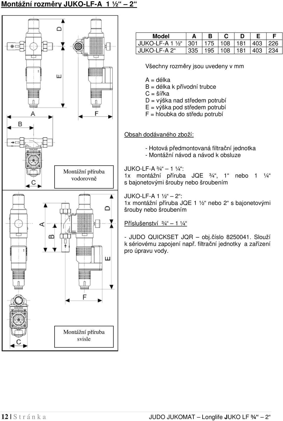 Montážní příruba vodorovně JUKO-LF-A ¾ 1 ¼ : 1x montážní příruba JQE ¾, 1 nebo 1 ¼ s bajonetovými šrouby nebo šroubením JUKO-LF-A 1 ½ 2 : 1x montážní příruba JQE 1 ½ nebo 2 s bajonetovými šrouby nebo