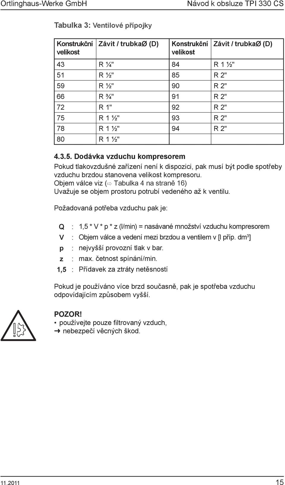 Objem válce viz ( Tabulka 4 na straně 16) Uvažuje se objem prostoru potrubí vedeného až k ventilu.