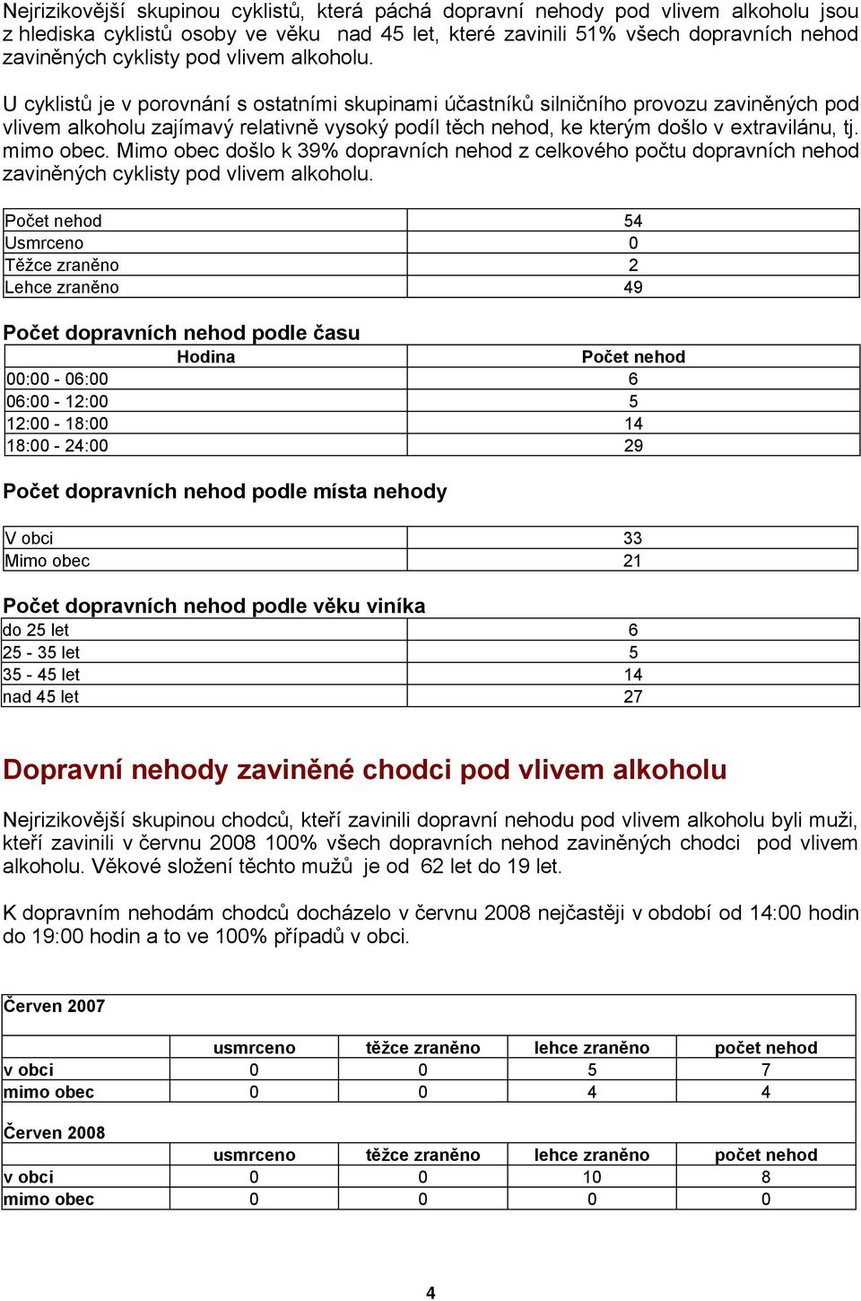 U cyklistů je v porovnání s ostatními skupinami účastníků silničního provozu zaviněných pod vlivem alkoholu zajímavý relativně vysoký podíl těch nehod, ke kterým došlo v extravilánu, tj. mimo obec.