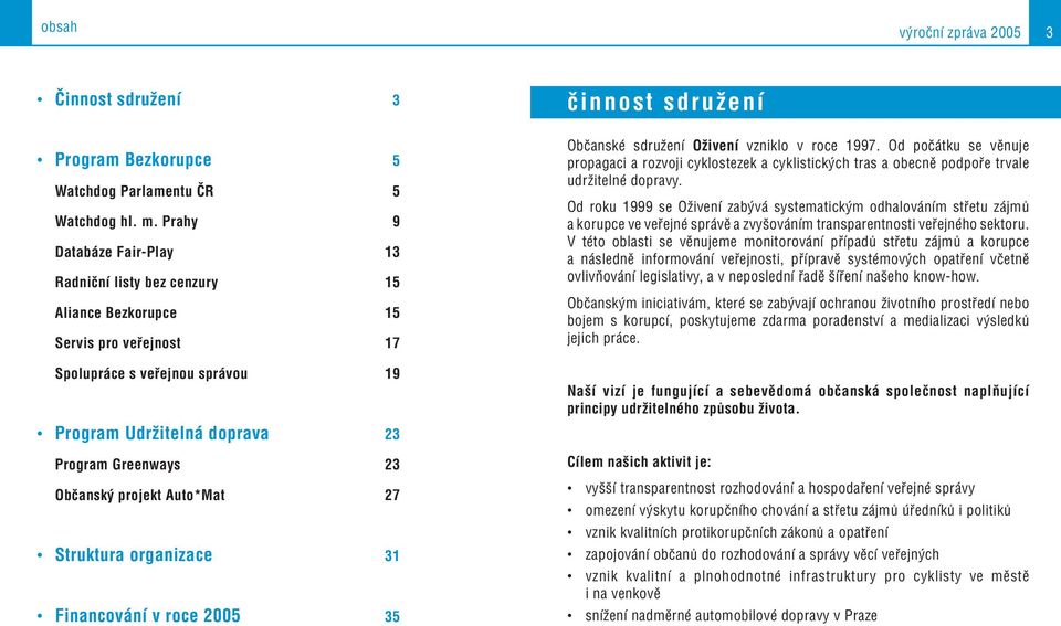 projekt Auto*Mat 27 Struktura organizace 31 Financování v roce 2005 35 činnost sdružení Občanské sdružení Oživení vzniklo v roce 1997.