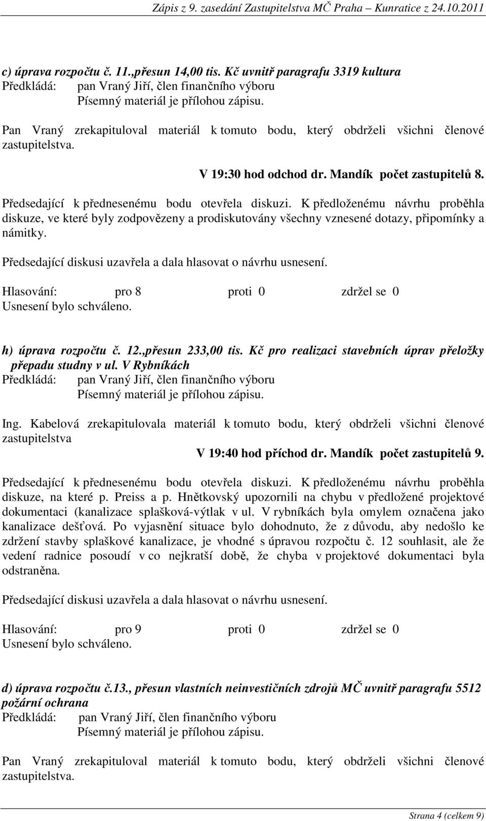 Hlasování: pro 8 proti 0 zdržel se 0 h) úprava rozpočtu č. 12.,přesun 233,00 tis. Kč pro realizaci stavebních úprav přeložky přepadu studny v ul. V Rybníkách Ing.