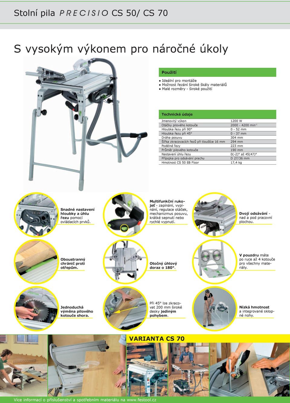 kotouče 190 mm Nastavení úhlu řezu 0(-2) až 45(47) Přípojka pro odsávání prachu D 27/36 mm Hmotnost CS 50 EB Floor 17,4 kg Snadné nastavení hloubky a úhlu řezu pomocí ovládacích prvků.