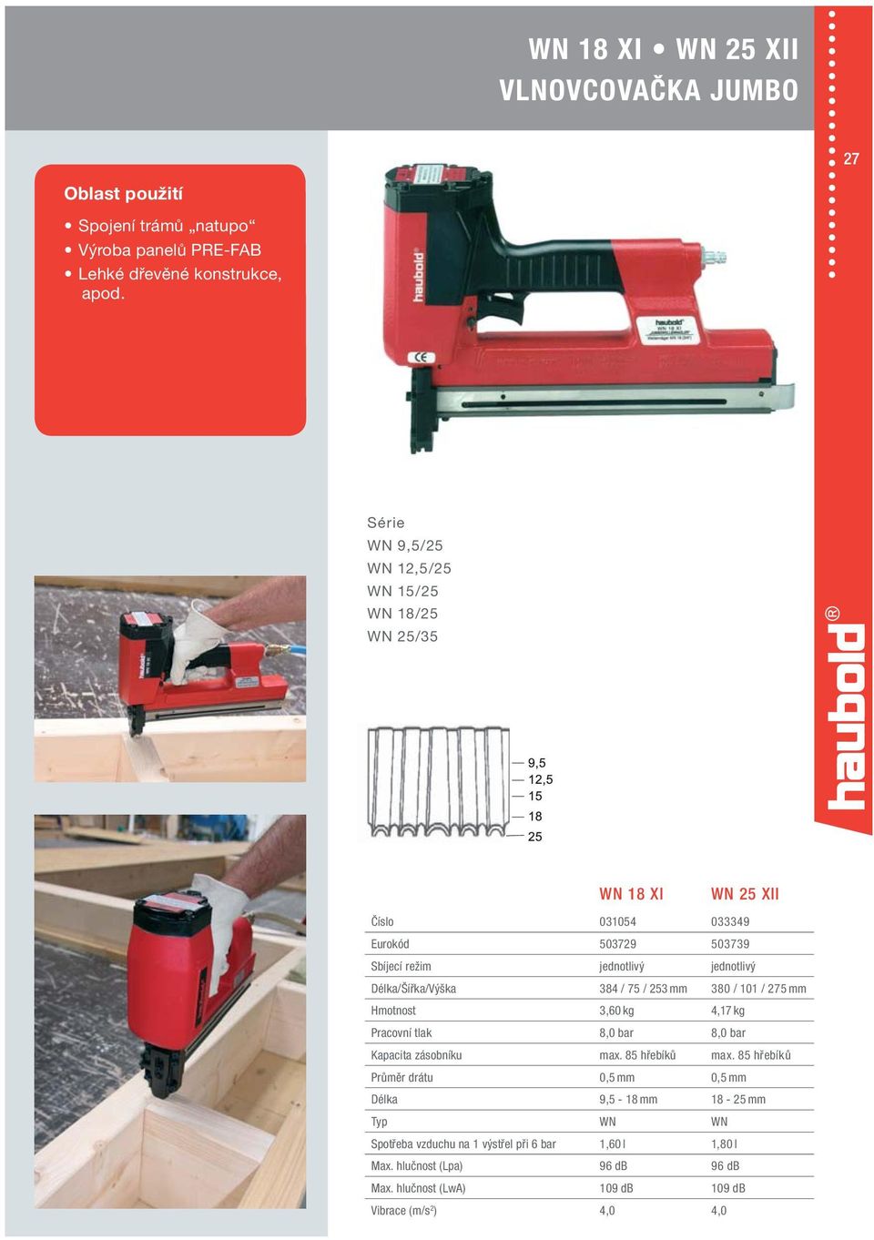 jednotlivý 384 / 75 / 253 mm 380 / 101 / 275 mm 3,60 kg 4,17 kg 8,0 bar 8,0 bar max. 85 hřebíků max.