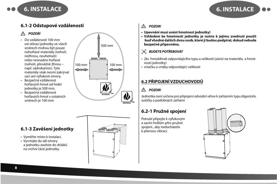 Tyto materiály však nesmí zakrývat sací ani výfukové otvory. Bezpečná vzdálenost hořlavých hmot od hrdel jednotky je 500 mm, Bezpečná vzdálenost hořlavých hmot v ostatních směrech je 100 mm 6.